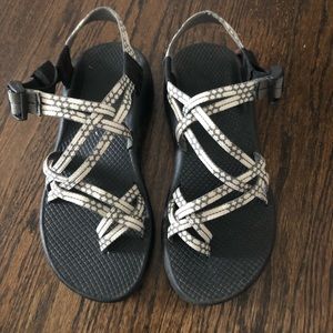 Grey and white chacos